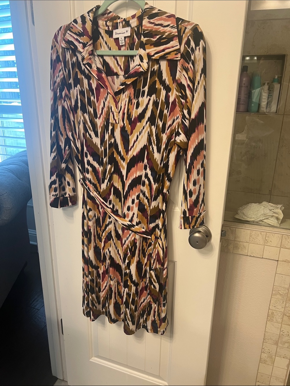 Veronica M Ikat-Pattern Wrap Dress in Pink, Taupe & Black